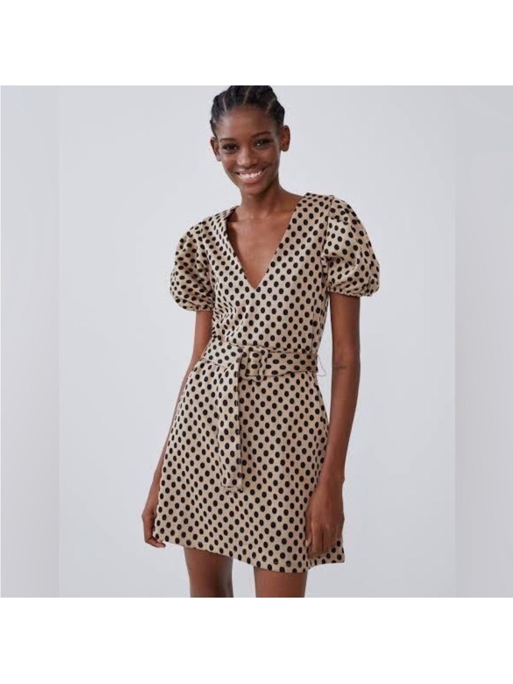Zara Knit Polka Dot V-Neck Puff Sleeve Mini Dress